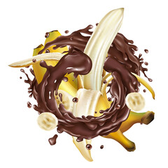 Whole and sliced bananas in a chocolate splash.