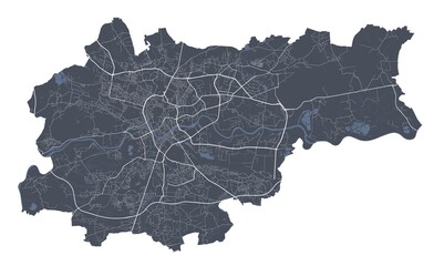 Krakow map. Detailed map of Krakow city poster with streets. Dark vector.