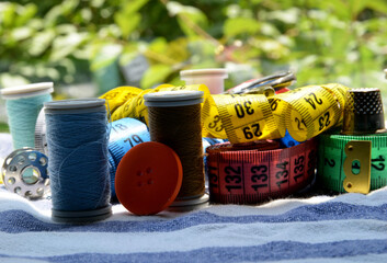 sewing accessories on a fabric background