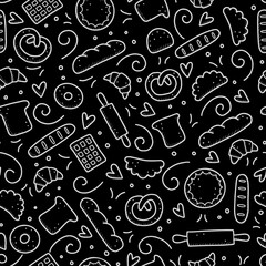 Hand drawn seamless pattern of bakery elements, bread, pastry, croissant, cake, donut. Doodle sketch style. Baking element drawn by digital pen. Vector illustration for banner, fabric, textile design.