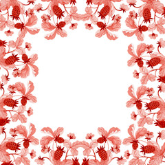 Square frame with hand-drawn watercolor strawberry bushes.