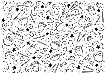 Hand drawn set of Asian food elements, wok, ramen, noodle, soy. Doodle sketch style. Asian food element drawn by digital pen. Vector illustration for menu, frame, recipe design.