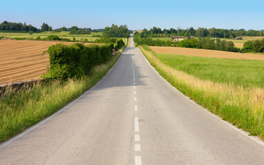 Straight country road among gentle hills in springtime
