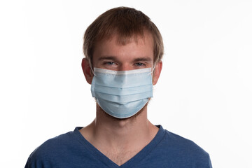 Headshot of male student wearing Covid 19 mask isolated on white background