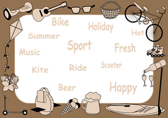 Summer frame or background for your photo or text, for your social media or blog. Attributes of summer entertainment - sport equipment, drinks and toys.
