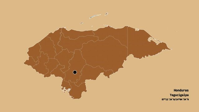 Olancho, department of Honduras, with its capital, localized, outlined and zoomed with informative overlays on a solid patterned map in the Stereographic projection. Animation 3D