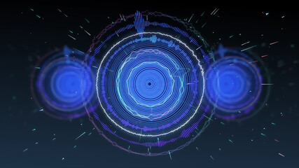Circle music or audio visualisation, dots and spikes, particles and blurred background