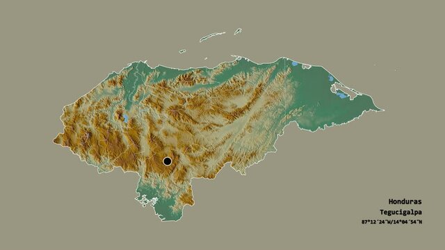 Olancho, department of Honduras, with its capital, localized, outlined and zoomed with informative overlays on a relief map in the Stereographic projection. Animation 3D