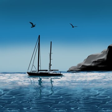 Заголовок: A yacht standing alone on the coast. Background illustration