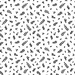 Obraz premium Leaves and branches vector seamless pattern. Black brush leaves and twigs. Olive branch modern ornament. Black ink texture with foliage. Hand drawn eucalyptus, laurel twig. Abstract plant motif