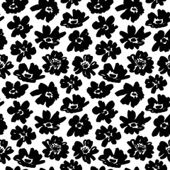 Seamless floral vector pattern with peonies, roses, anemones. Hand drawn black paint illustration with abstract floral motif. Graphic hand drawn brush stroke botanical pattern. Daisy or chamomile. 