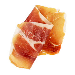 Chopped slice of jamon. Isolated on white background