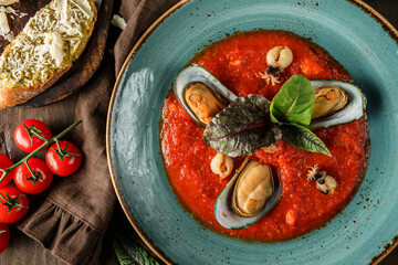 Tomato gazpacho soup with mussels, squid and cheese parmesan in plate over dark wooden background. Seafood, healthy food, top view