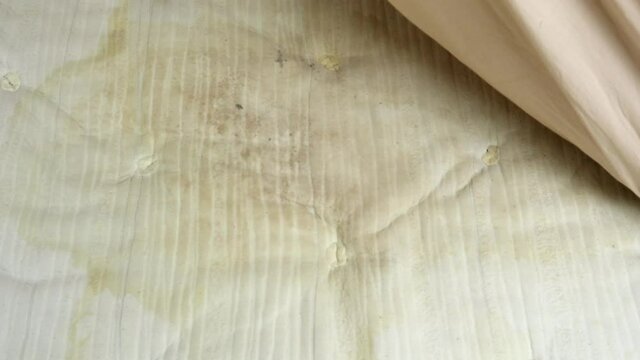 Pulling Back A Bedsheet To Reveal A Urine Stained Mattress