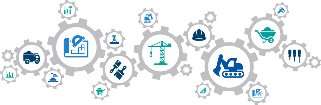 Construction Vector Illustration. Concept With Connected Icons Related To Real Estate, Construction Industry, Architecture, Development Project Management Or Building Renovation And Maintenance.