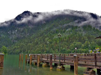 Beautiful view of the pier and mountains in Berchtesgaden National Park, Germany Bavaria, Koenigssee lake. 