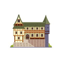 Fototapeta premium Medieval residential mansion icon in flat style. Middle age European house symbol. Vintage Europe buildings.