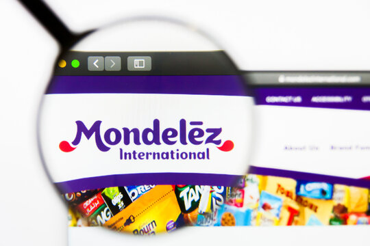 Los Angeles, California, USA - 13 March 2019: Illustrative Editorial, Mondelez International website homepage. Mondelez International logo visible on display screen