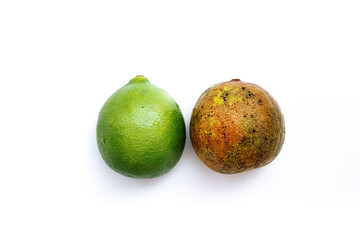a fresh lime and a dried lime. isolated white background