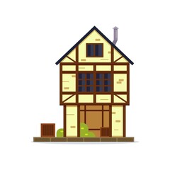 Medieval residential mansion icon in flat style. Middle age European house symbol. Vintage Europe buildings.