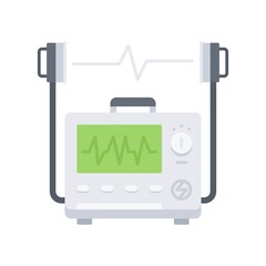 Heart defibrillator flat vector icon. Electro shock machine for life saving, rescue. Medical equipment symbol. - obrazy, fototapety, plakaty