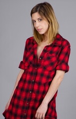 Woman in Red Plaid Flannel Shirt Dress