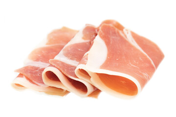 Italian prosciutto crudo or jamon. Raw ham. Isolated on white background 