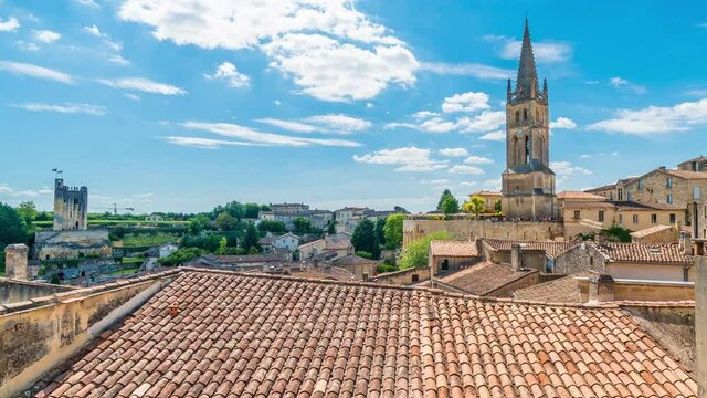 Timelapse of wide angle view of the medieval town of Saint Emilion, Dordogne, Aquitaine, France. Pan move from left to right on roof top