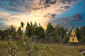 Yellow warning sign indicating radiation in the chernobyl exclusion zone, dangerous red forest in the background. Late afternoon beautiful golden sunset time
