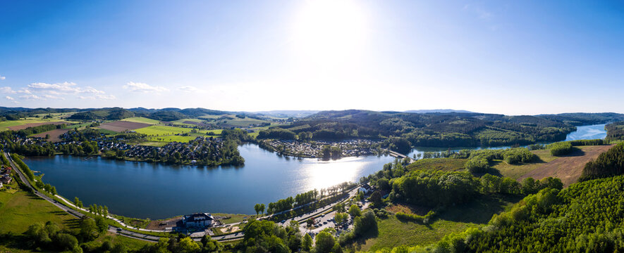 german sorpetalsperre dam in the sauerland from above as high definition panorama