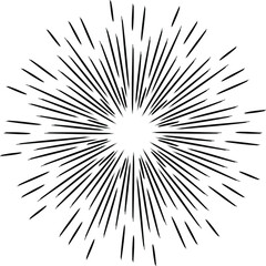 Black grunge radial speed lines. Round form. Explosion background. Star rays. Sunburst. Fireworks. Handwritten design element for frames, prints, tattoo, web, template, logo, and comic books