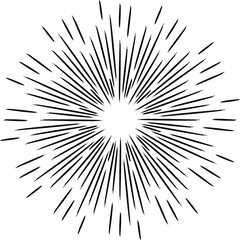 Black grunge radial speed lines. Round form. Explosion background. Star rays. Sunburst. Fireworks. Handwritten design element for frames, prints, tattoo, web, template, logo, and comic books