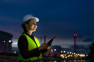 Asian woman petrochemical engineer working at night with digital tablet Inside oil and gas refinery...