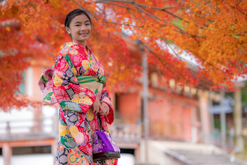 Beautiful Asian young woman in japanese kimono and red leaves in autumn season in Kyoto, Japan....