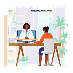 Online Doctor Consultation Concept. Afroamerican Woman Sitting At Desk At Home Talking To Doctor By Videoconference. Flat Vector Illustration. 