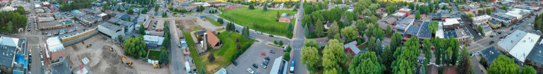 Amazing panoramic sunset aerial view of Jackson Hole cityscape in summertime, WY, USA