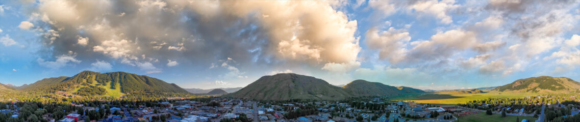 Amazing panoramic sunset aerial view of Jackson Hole cityscape in summertime, WY, USA