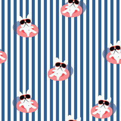 Funny French bulldog with sunglasses and pool float. Cute cartoon dog on summer pool party. Seamless vector illustration.