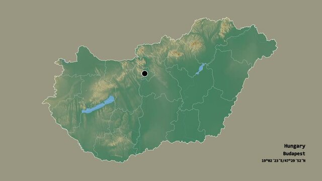Veszpr&eacute;m, county of Hungary, with its capital, localized, outlined and zoomed with informative overlays on a relief map in the Stereographic projection. Animation 3D