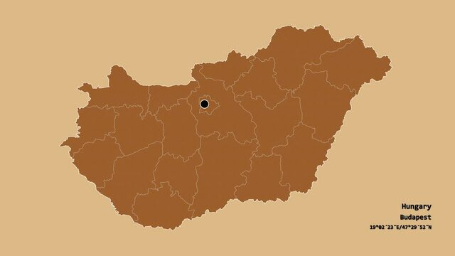 Zala, county of Hungary, with its capital, localized, outlined and zoomed with informative overlays on a solid patterned map in the Stereographic projection. Animation 3D