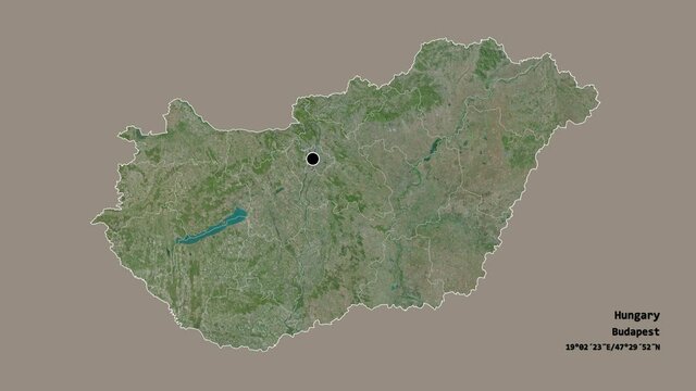 Zala, county of Hungary, with its capital, localized, outlined and zoomed with informative overlays on a satellite map in the Stereographic projection. Animation 3D