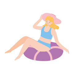 woman in swimsuit with hat on float cartoon isolated design icon white background