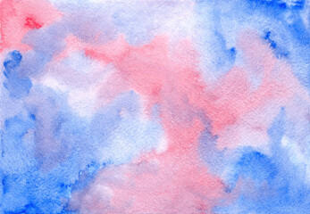 Abstract dark watercolor painting pink and blue cloudscape wet watercolor background, wash technique. Unique watercolour sky illustration for travel design, banner, greeting cards, surface