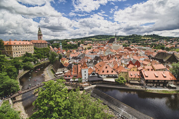 Fototapeta na wymiar Panoramic view over Cesky Krumlov with Moldau river, Czech Republic 