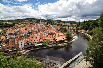 Fototapeta na wymiar Panoramic view over Cesky Krumlov with Moldau river, Czech Republic 