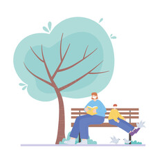 people with medical face mask, woman and boy on bench with pigeons, city activity during coronavirus