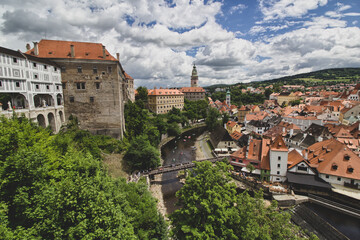 Panoramic view over Cesky Krumlov with Moldau river, Czech Republic	
