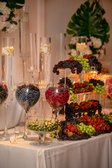 Indoor wedding buffet setting withh a table of different fruits, berries, grapes, strawberries, and blueberries