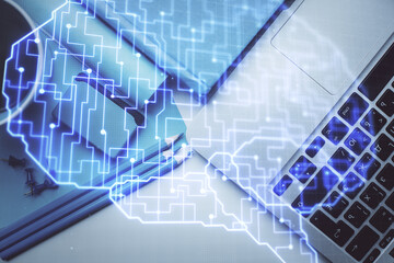 Multi exposure of brain sketch hologram over topview work table background with computer. Concept of big data.