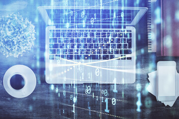 Multi exposure of data theme drawing hologram over topview work desk background with computer. Concept of technology.